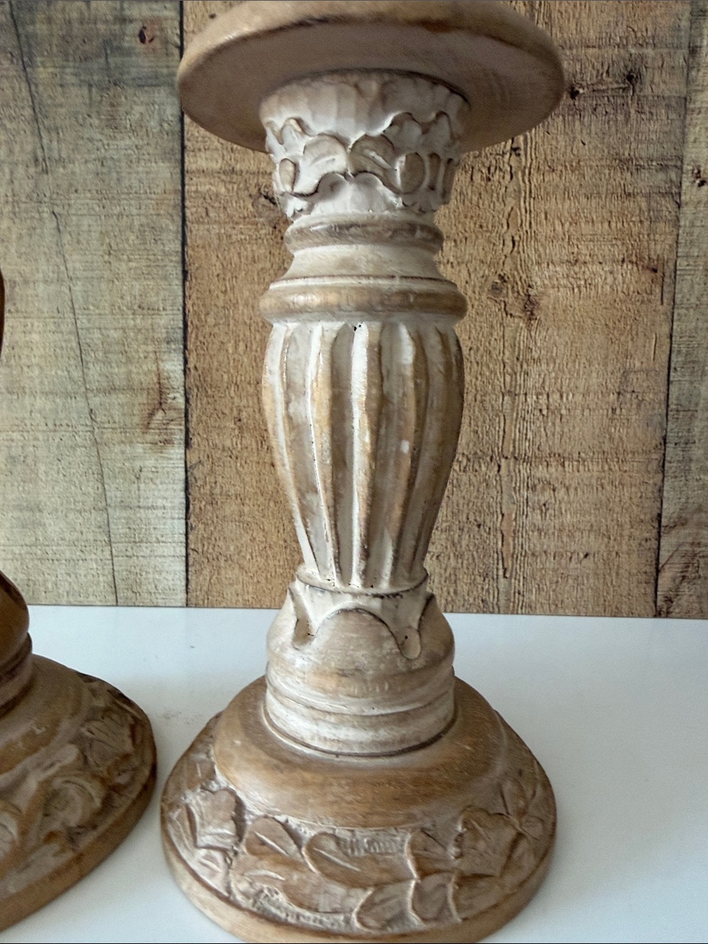 Decorative Carved Wood Candlestick Pair - Natural Cream/Tan Finish - Picture 9 of 10